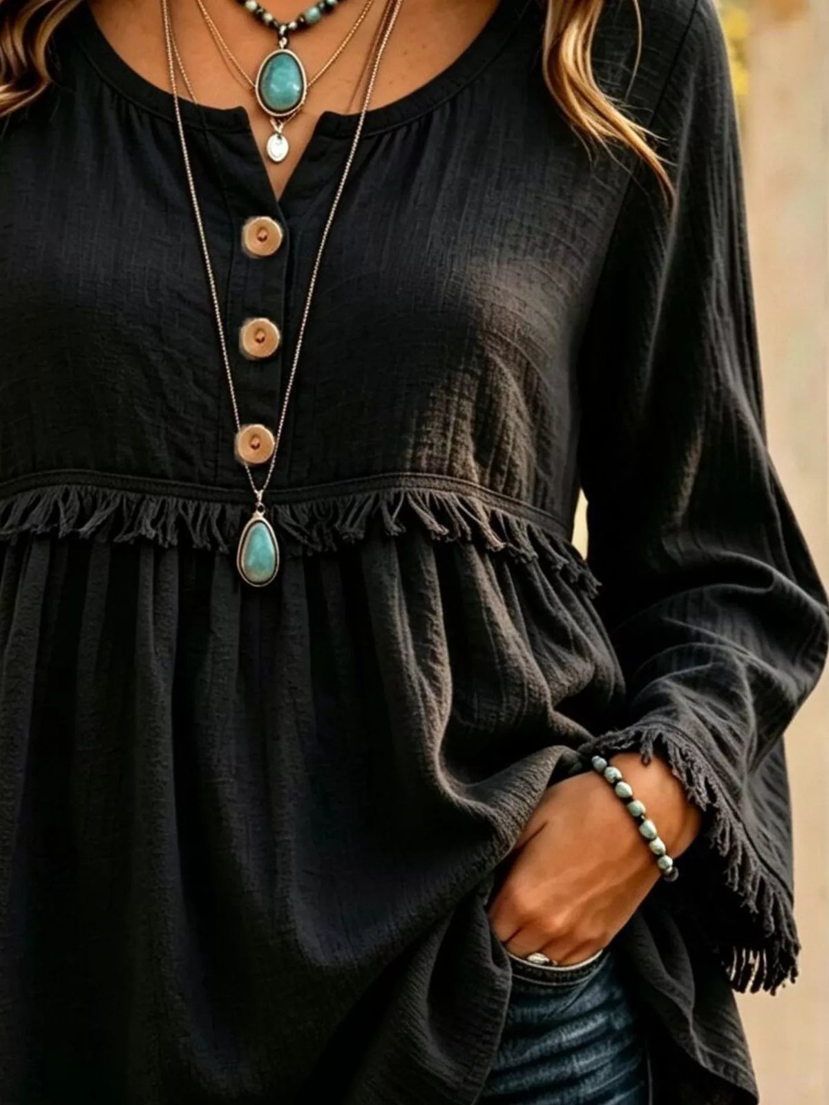 Button-Down Detail Fringed Hem Blouse, view 7