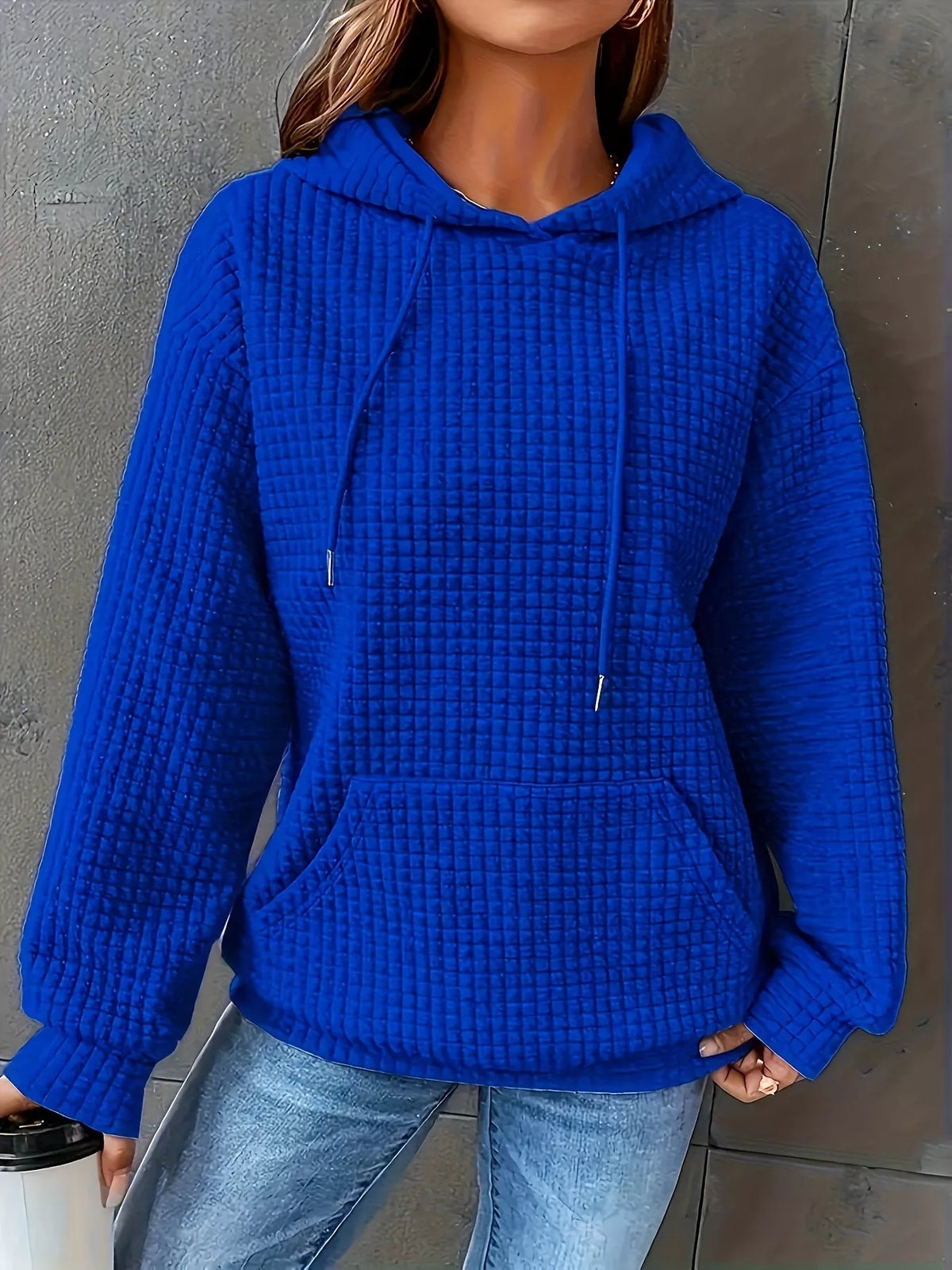 Textured Knit Drawstring Hoodie - Lilixa.store