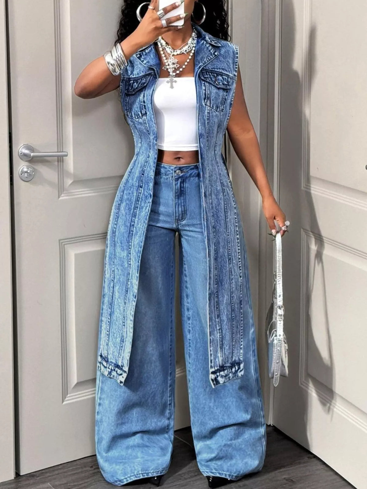 High-Low Open Front Denim Vest, view 8