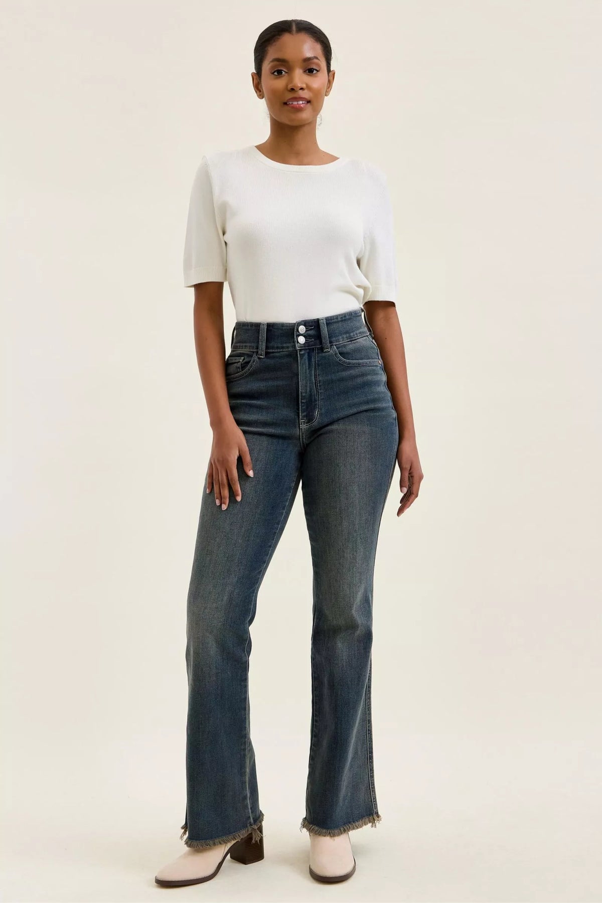 Judy Blue High Waist Double Button Frayed Hem Jeans - Lilixa.store