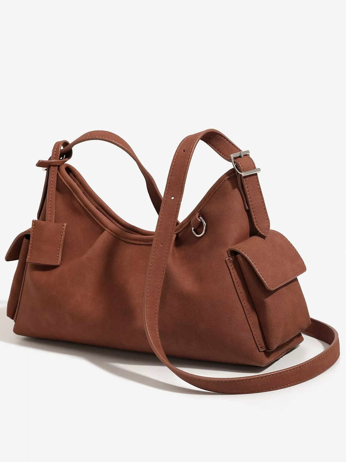 Suede Ruched Shoulder Bag in Brown, view 4