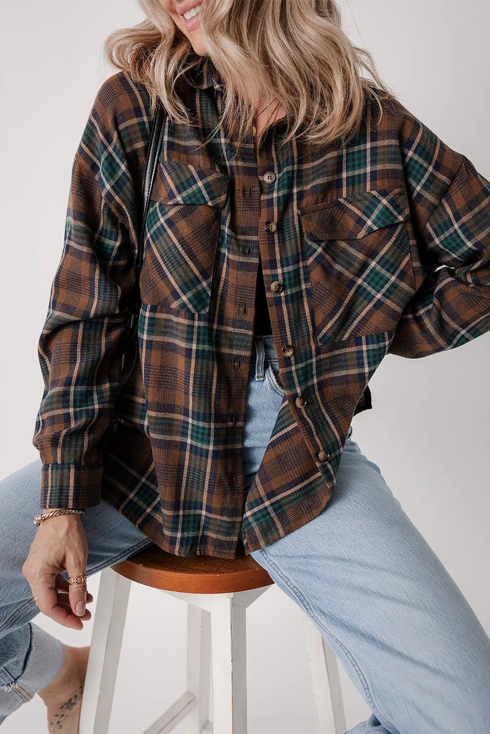 Plaid Button Up Long Sleeve Jacket in Caramel, view 3
