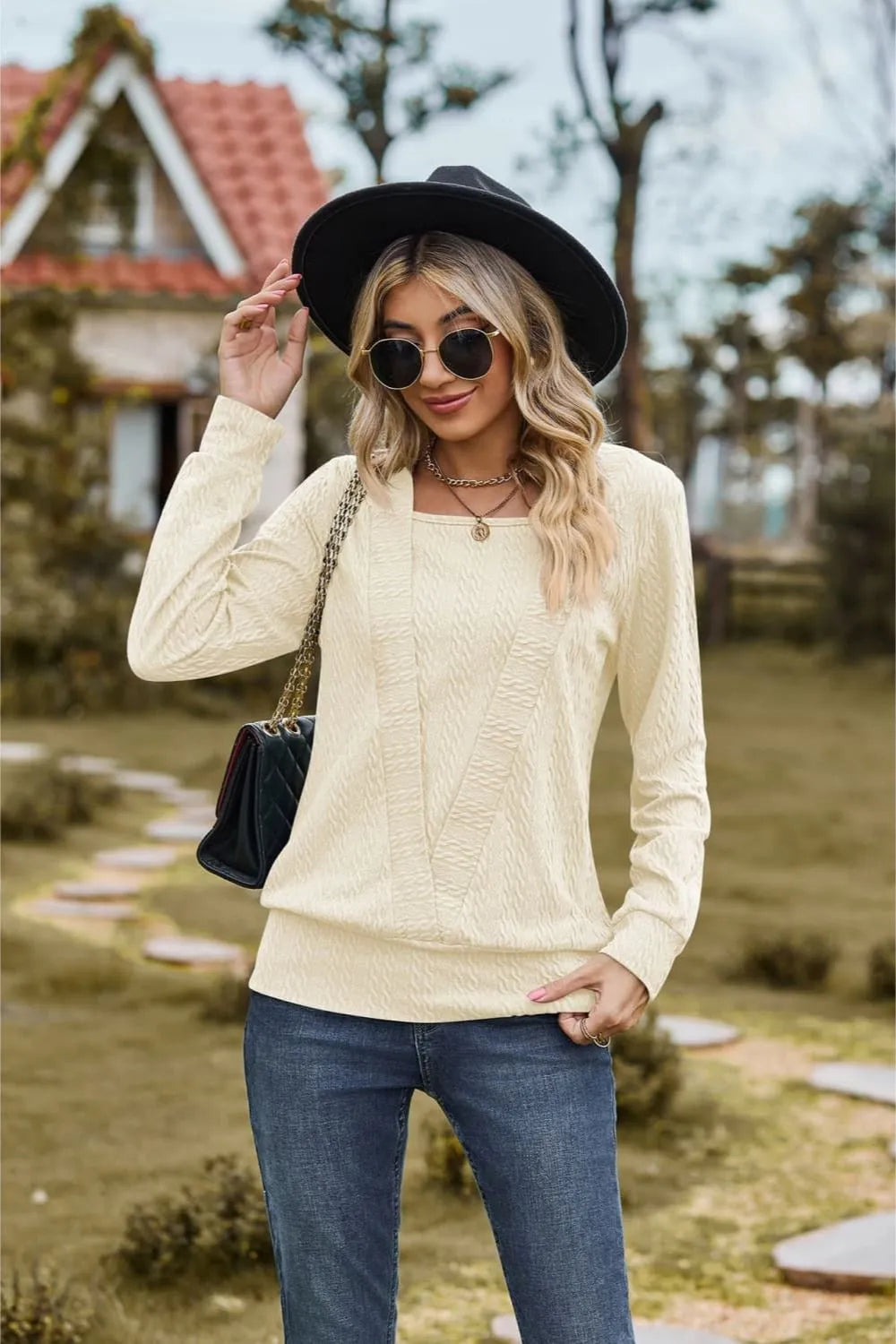 Square Neck Long Sleeve Blouse in Ivory