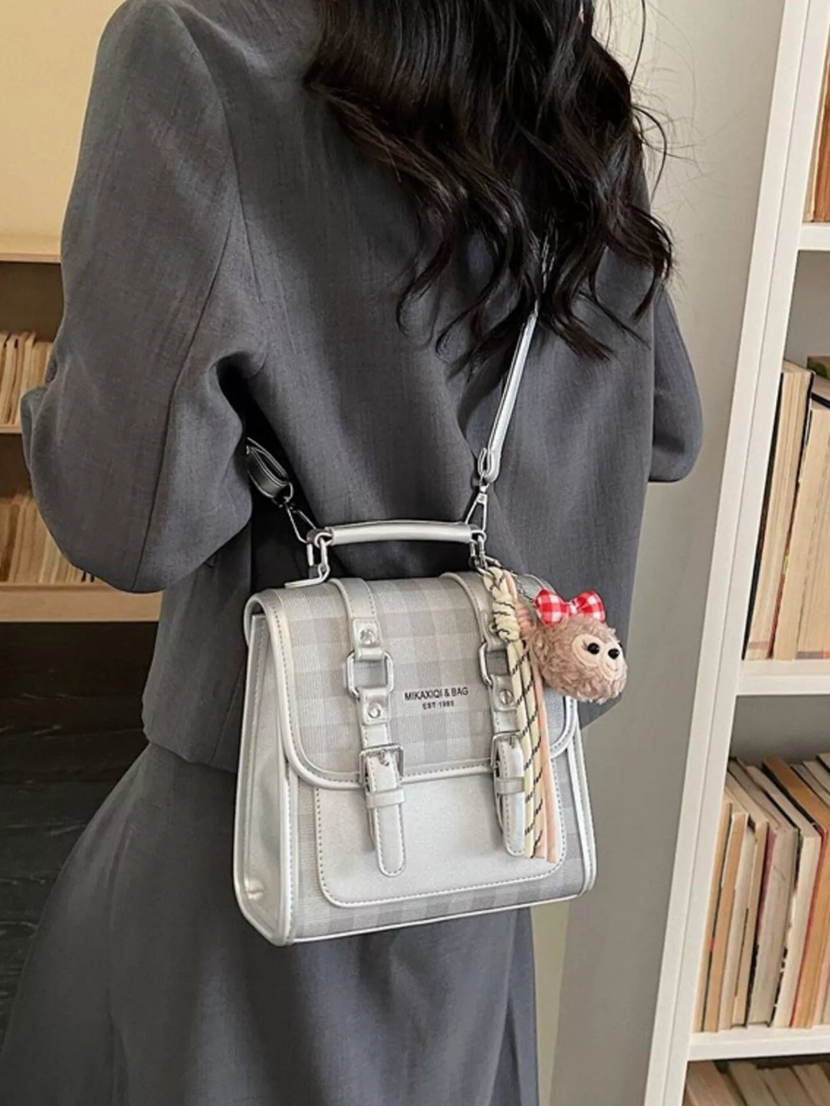 Plaid Backpack Bag with Charm - Lilixa.store