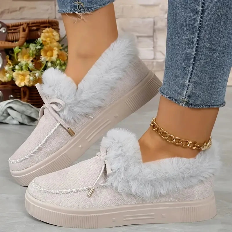 Bow Furry Round Toe Flat Slip-Ons, view 8