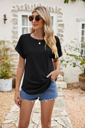 Full Size Round Neck Eyelet Short Sleeve Top - Lilixa.store