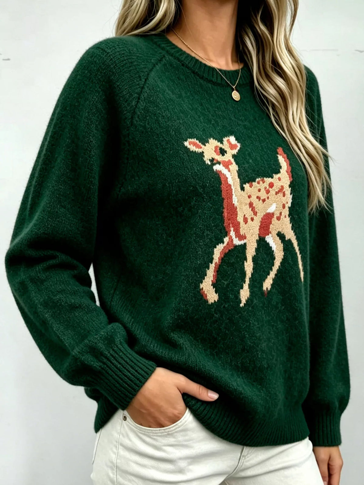 Deer Pattern Raglan Sleeve Sweater - Lilixa.store