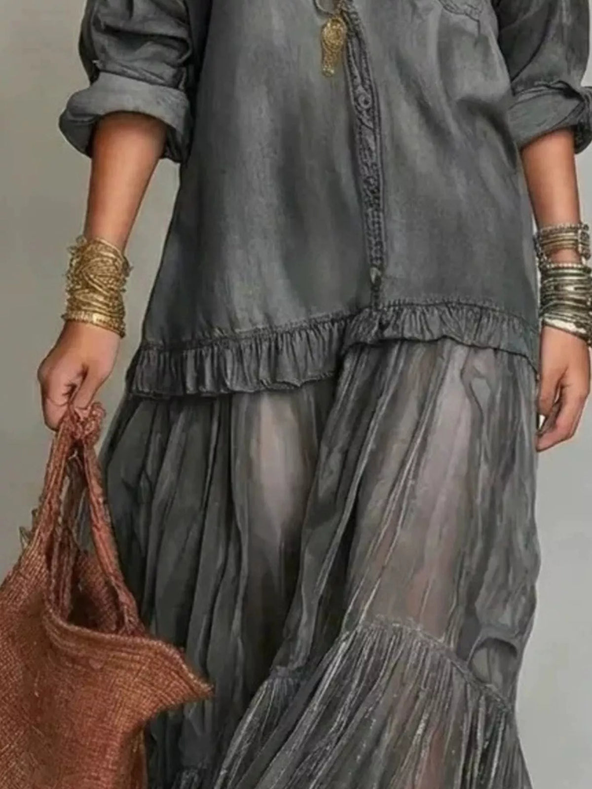 Full Size Tiered Long Sleeve Denim Shirt Maxi Dress Plus Size - Lilixa.store