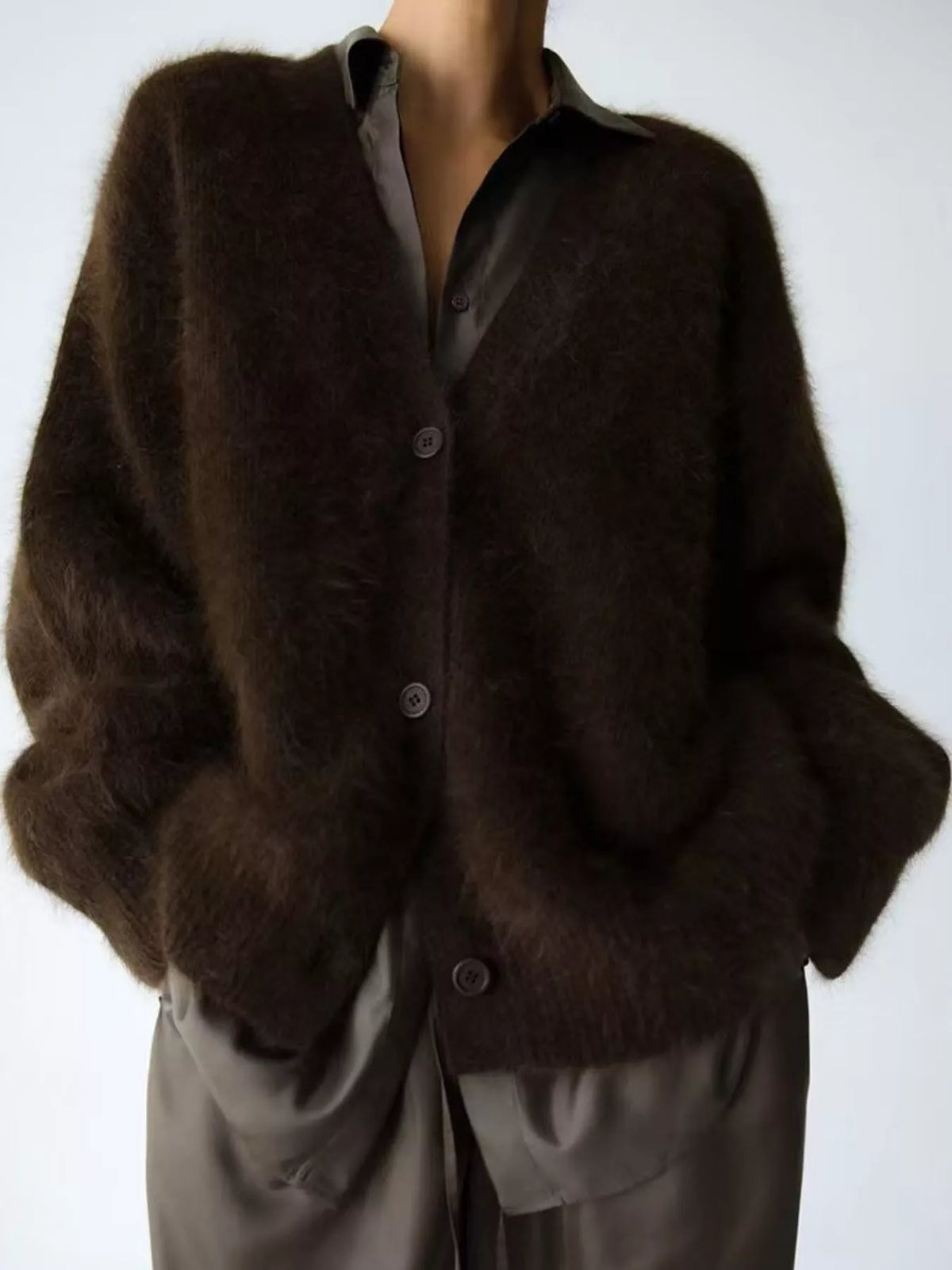 Fuzzy V-Neck Button-Down Cardigan in Coffee