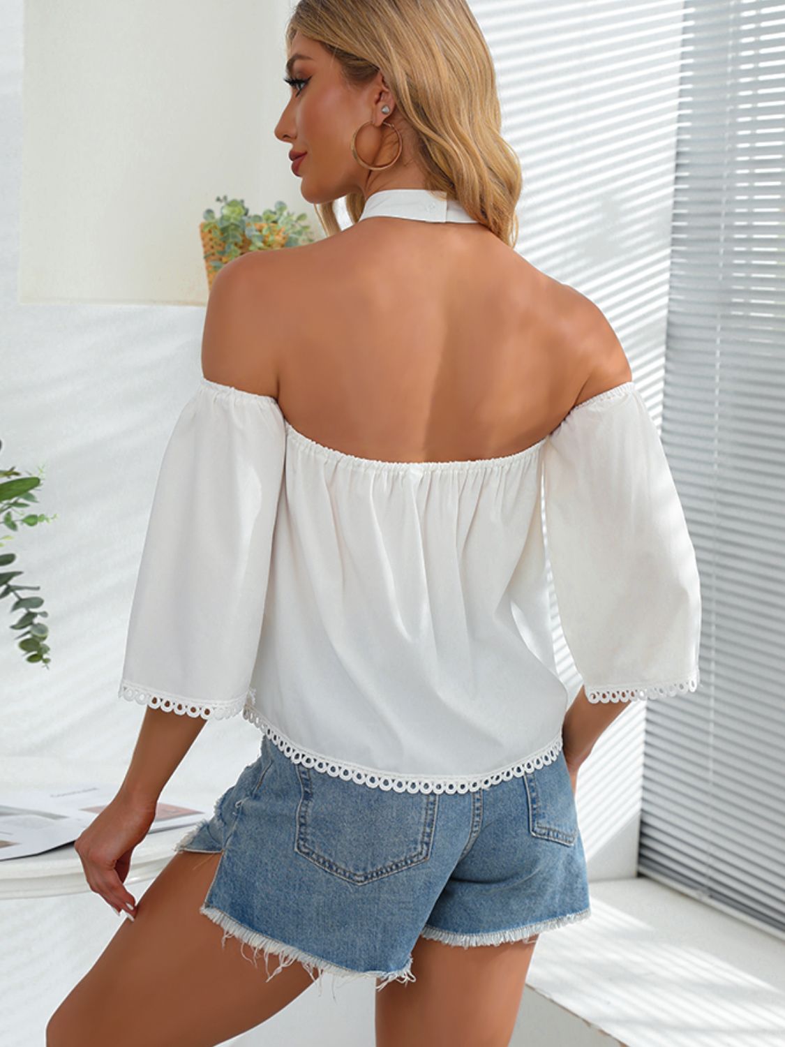 Crochet Halter Neck Cold-Shoulder Blouse - Lilixa.store