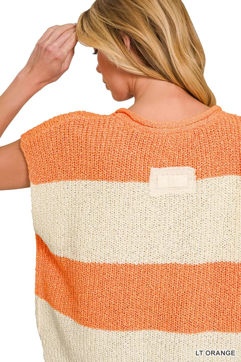 Zenana Split Neck Sleeveless Stripe Sweater, view 3