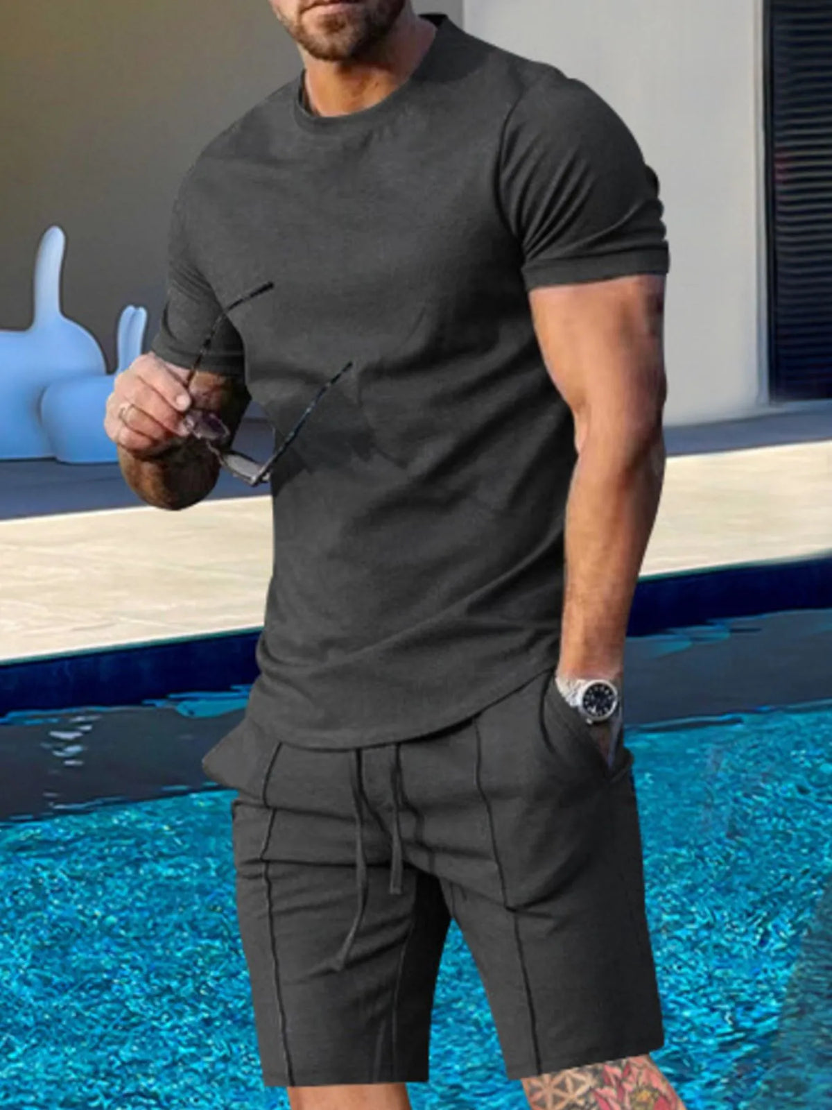 Men's Plus Size Round Neck Short Sleeve Top and Shorts Set in Dark Gray