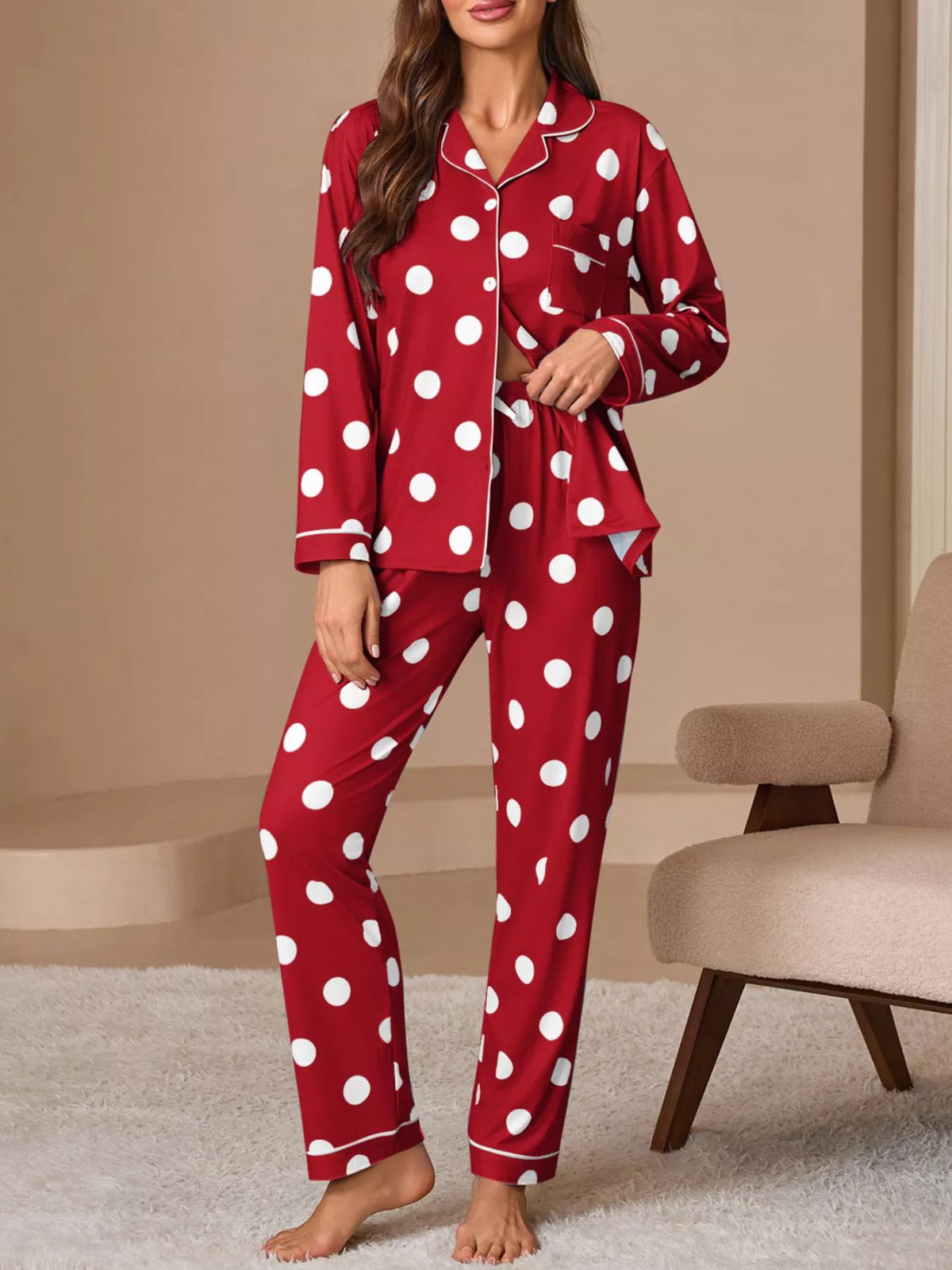 Polka Dot Button-Down Top and Pants Lounge Set - Lilixa.store