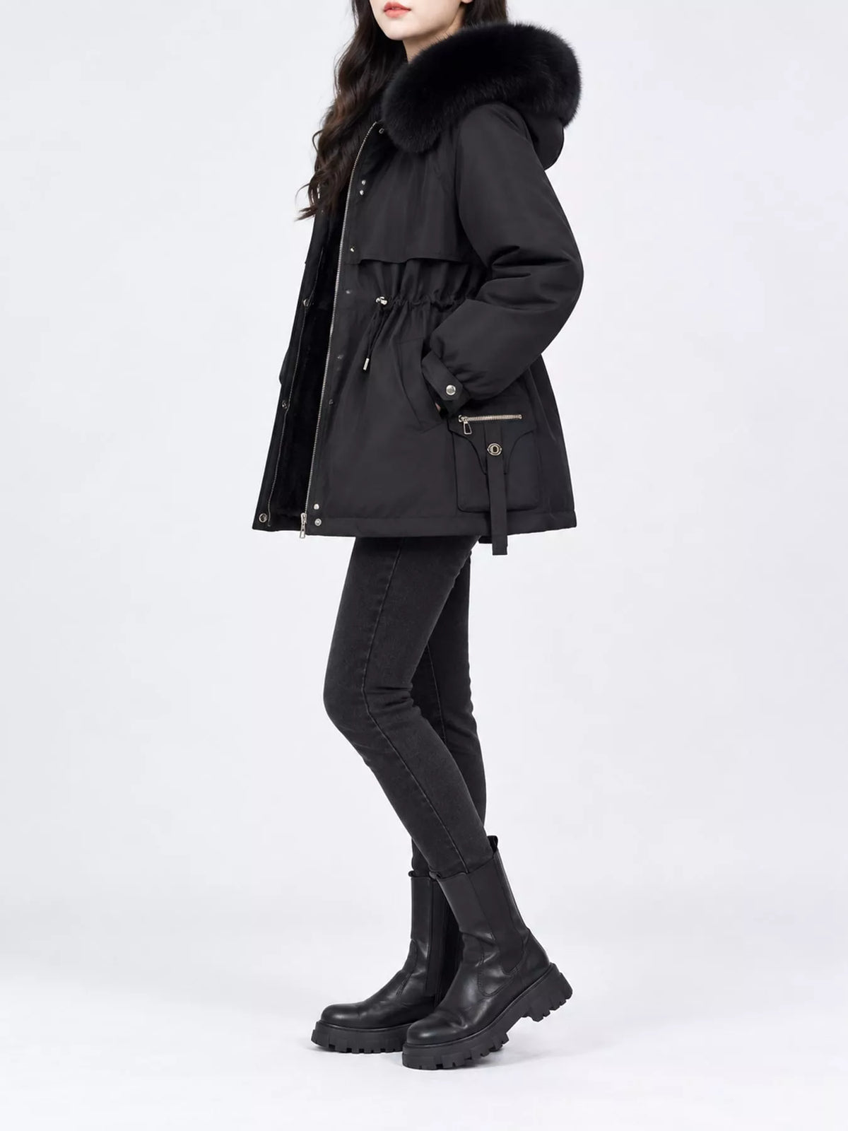 Plus Size Faux Fur Hooded Drawstring Waist Winter Parka Outerwear, view 4