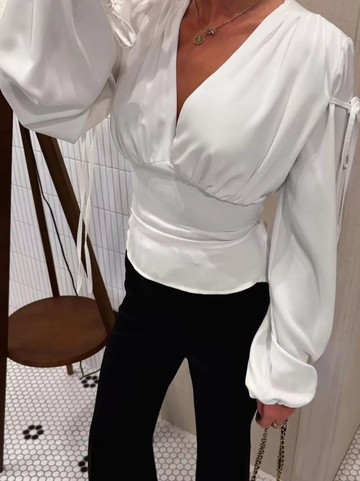 Tied V-Neck Balloon Sleeve Blouse in White, view 7