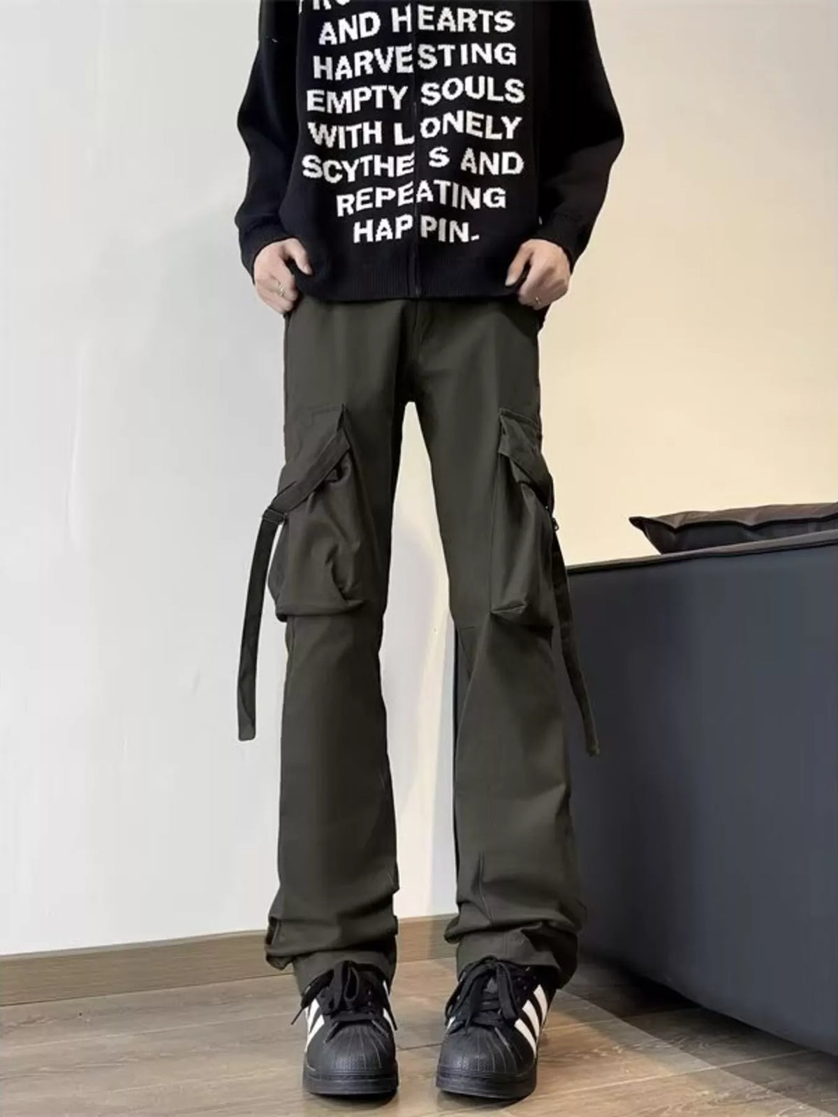 Men's Plus Size Loose Fit Cargo Pants in Military Green
