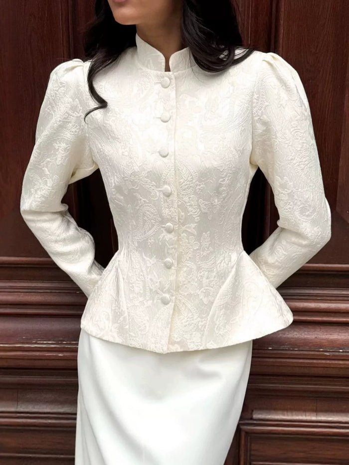 Jacquard Peplum Puff Sleeve Outerwear - Lilixa.store