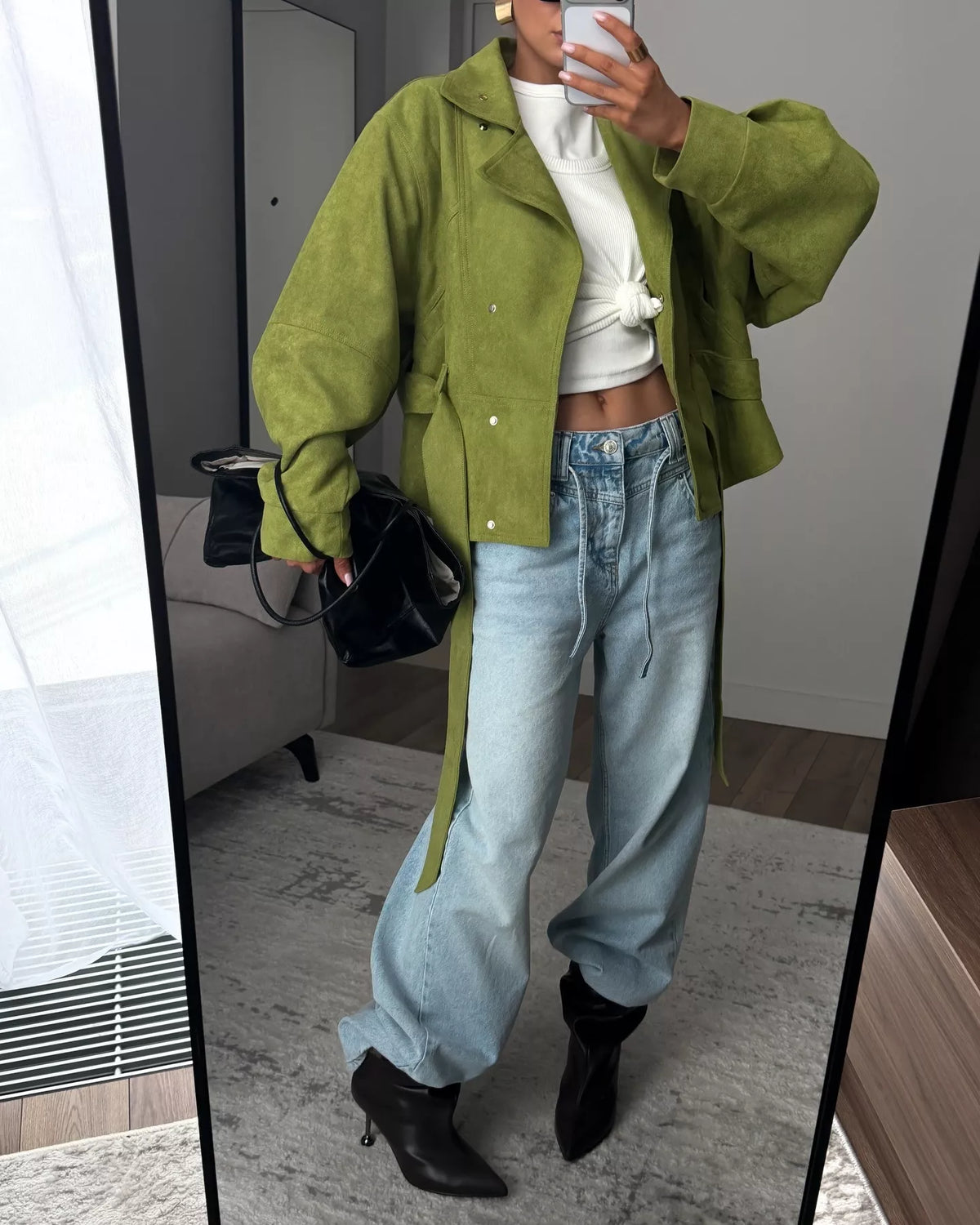 Tie Waist Long Sleeve Cropped Jacket in Matcha Green, view 4