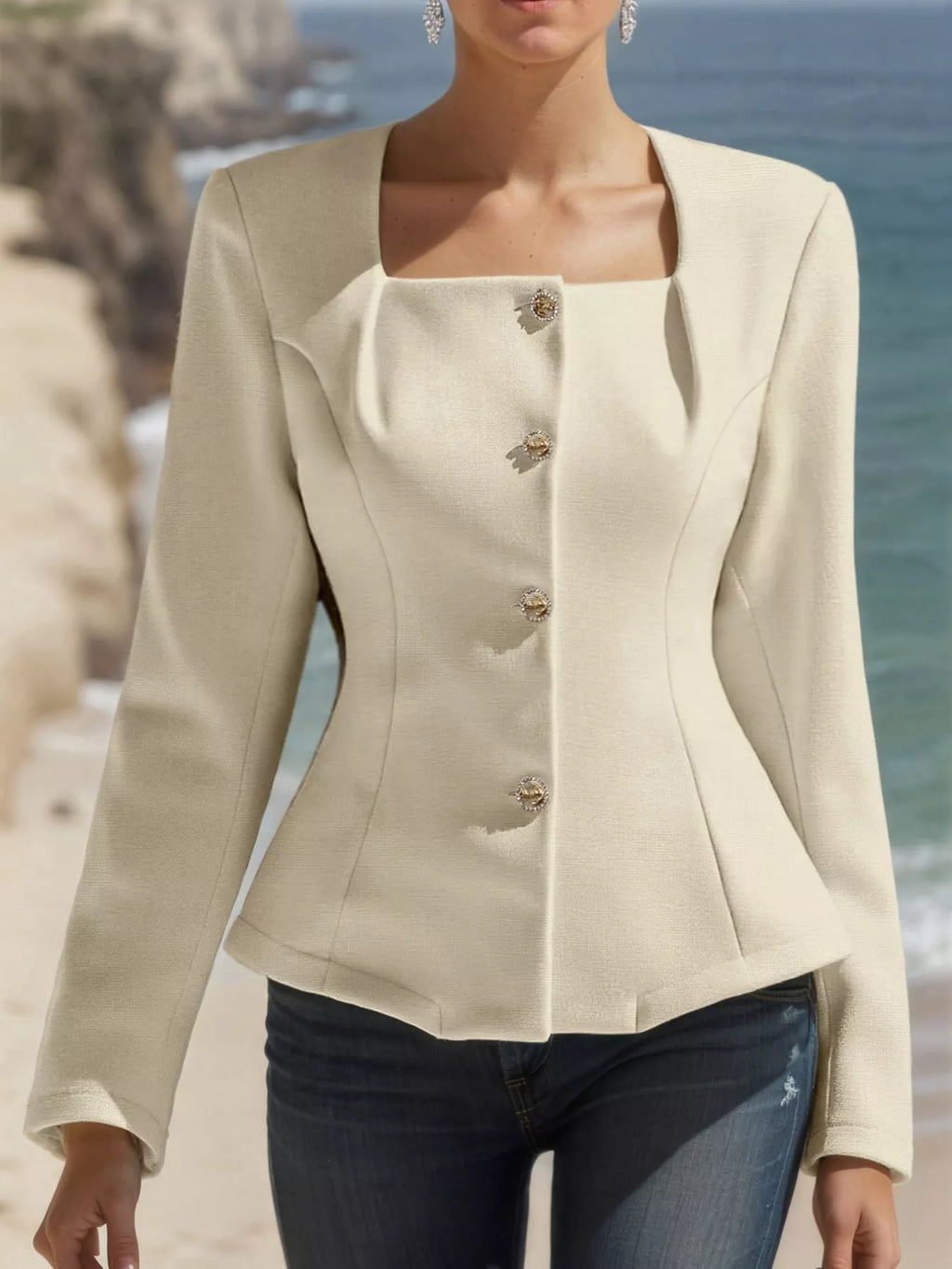 Square Neck Button-Down Fitted Blazer - Lilixa.store