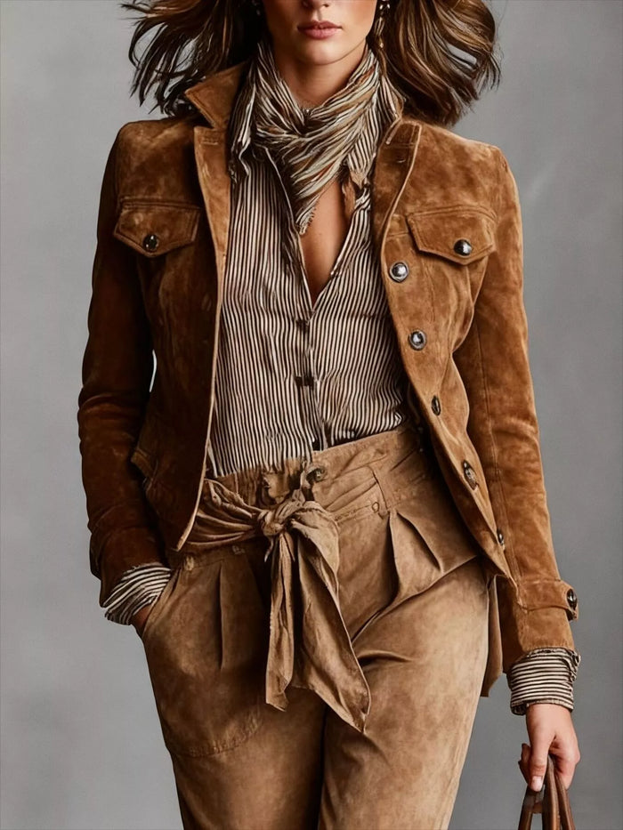 Full Size Suede Utility Blazer with Button-Front Detail Plus Size in Caramel