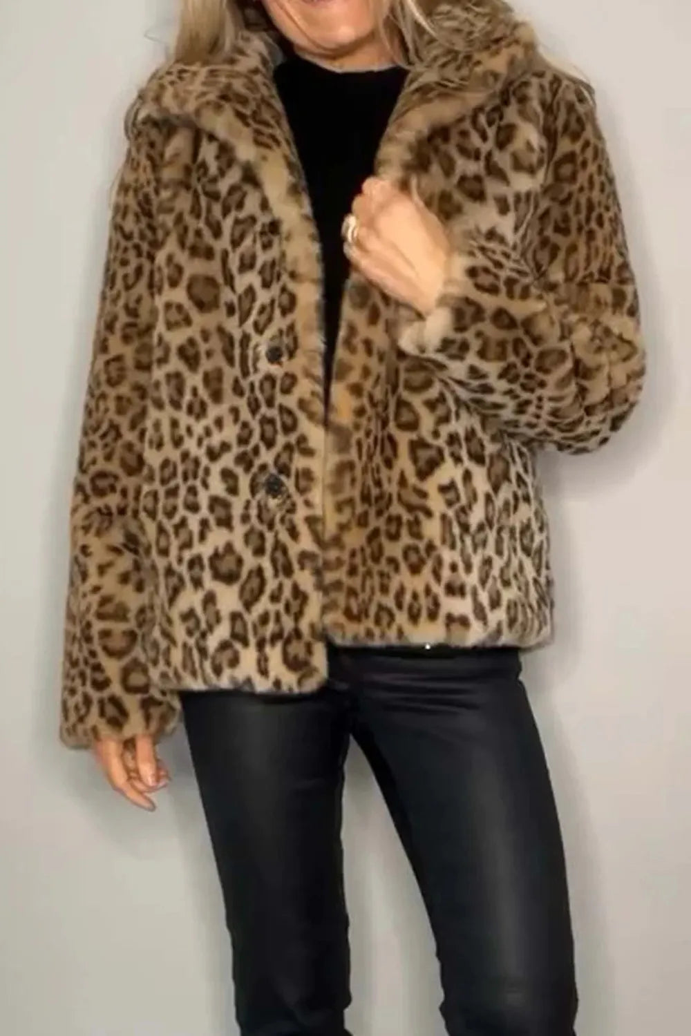 Full Size Leopard Furry Collared Neck Long Sleeve Coat, view 2