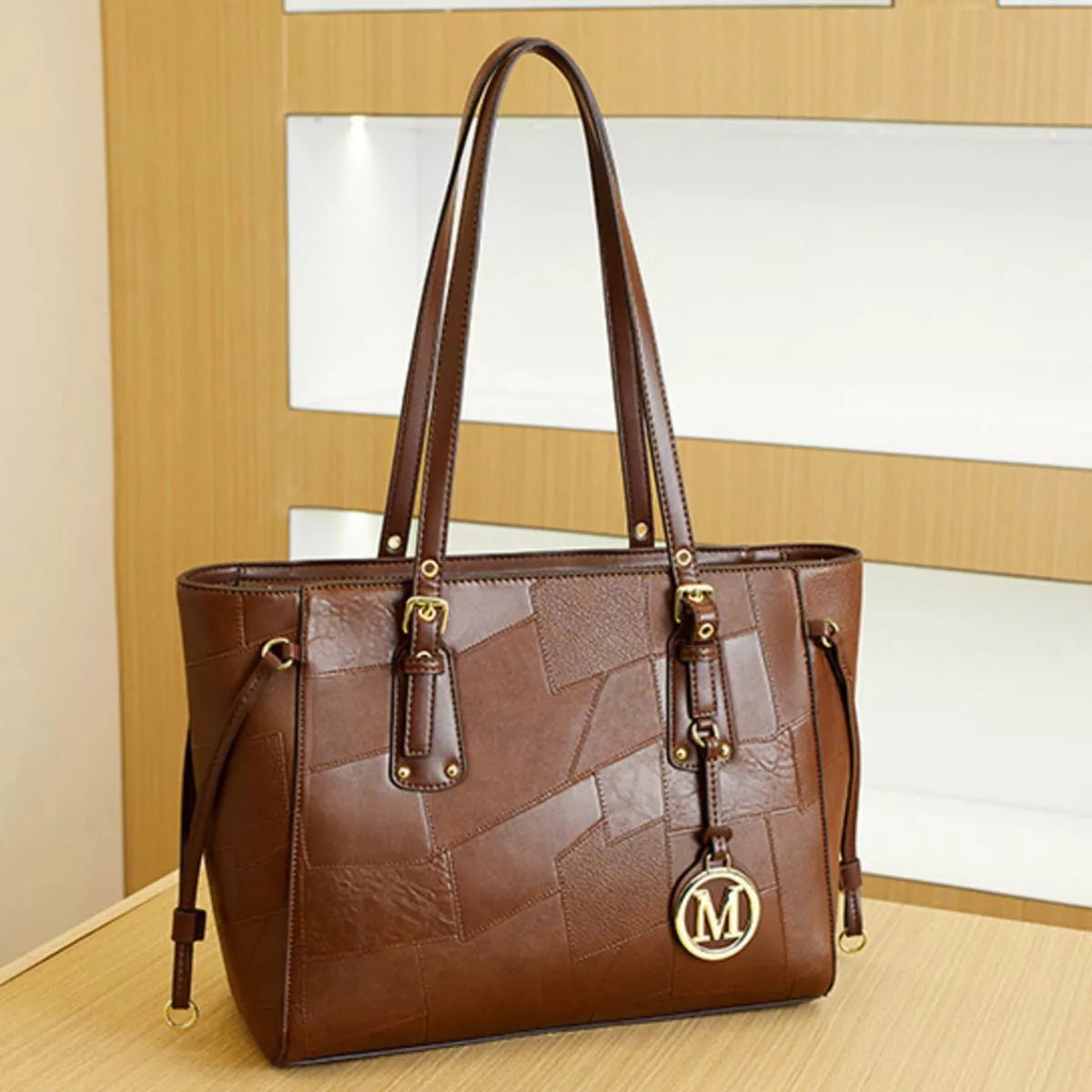 Patchwork Leather Tote Bag with Gold Logo Charm in Brown, view 6
