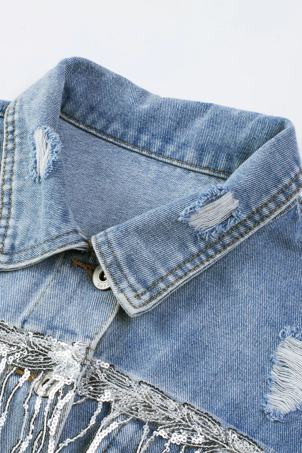 Sequin Fringe Trim Distressed Button Up Denim Jacket, view 10