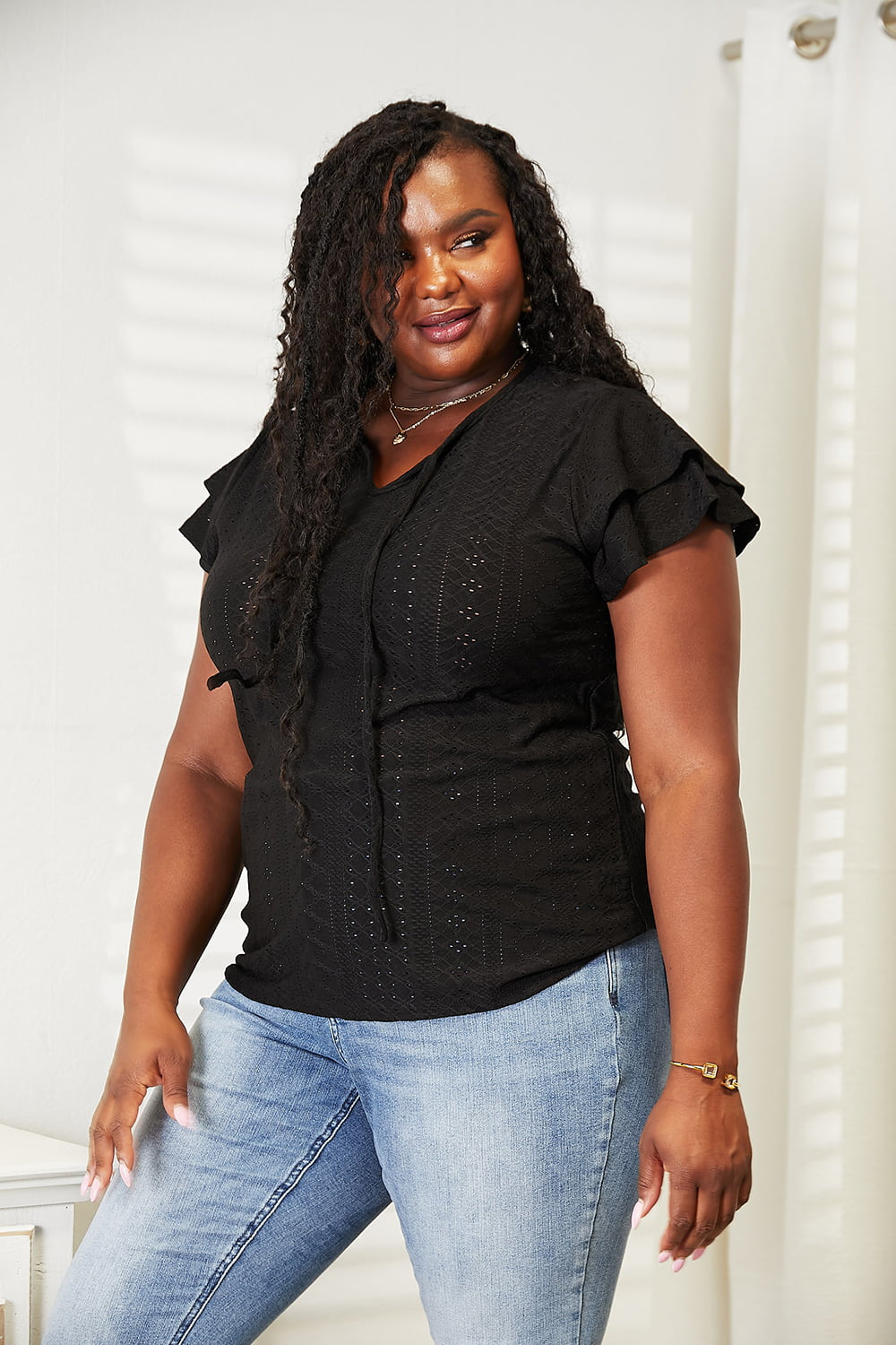 Mandy Eyelet Tie-Neck Flutter Sleeve Blouse in Black, view 6