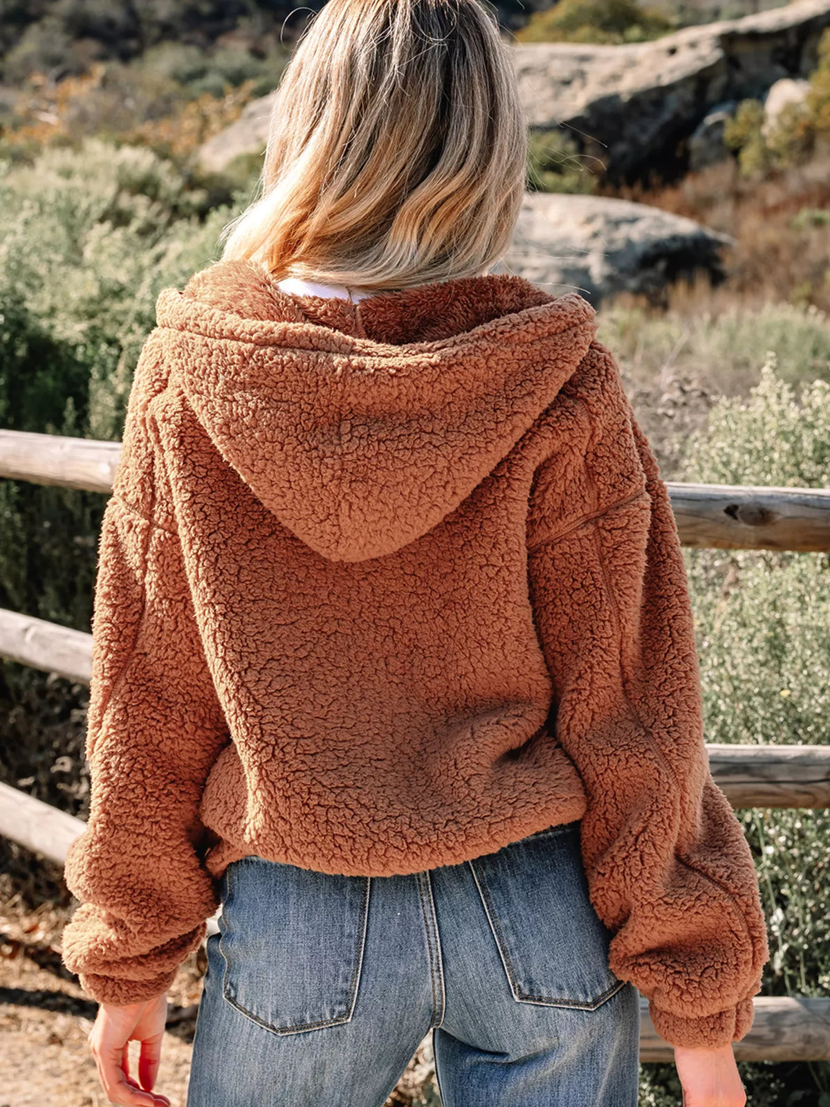 Zip Up Hooded Sherpa Jacket in Caramel, view 2