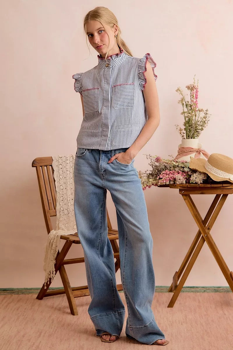 SO ME Stripe Twill Stitch Ruffled Hidden Button Vest Top - Lilixa.store