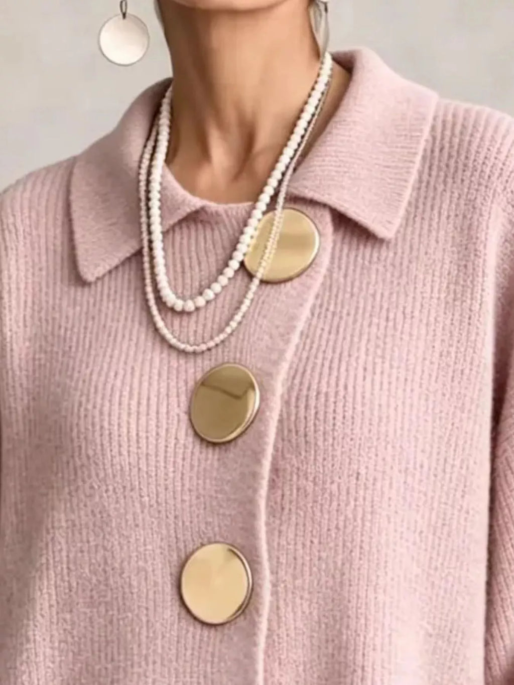 Full Size Gold Buttons Lantern Sleeve Cardigan Plus Size - Lilixa.store