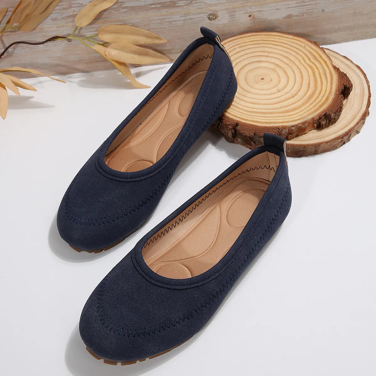 Round Toe Flat Slip-Ons in Navy