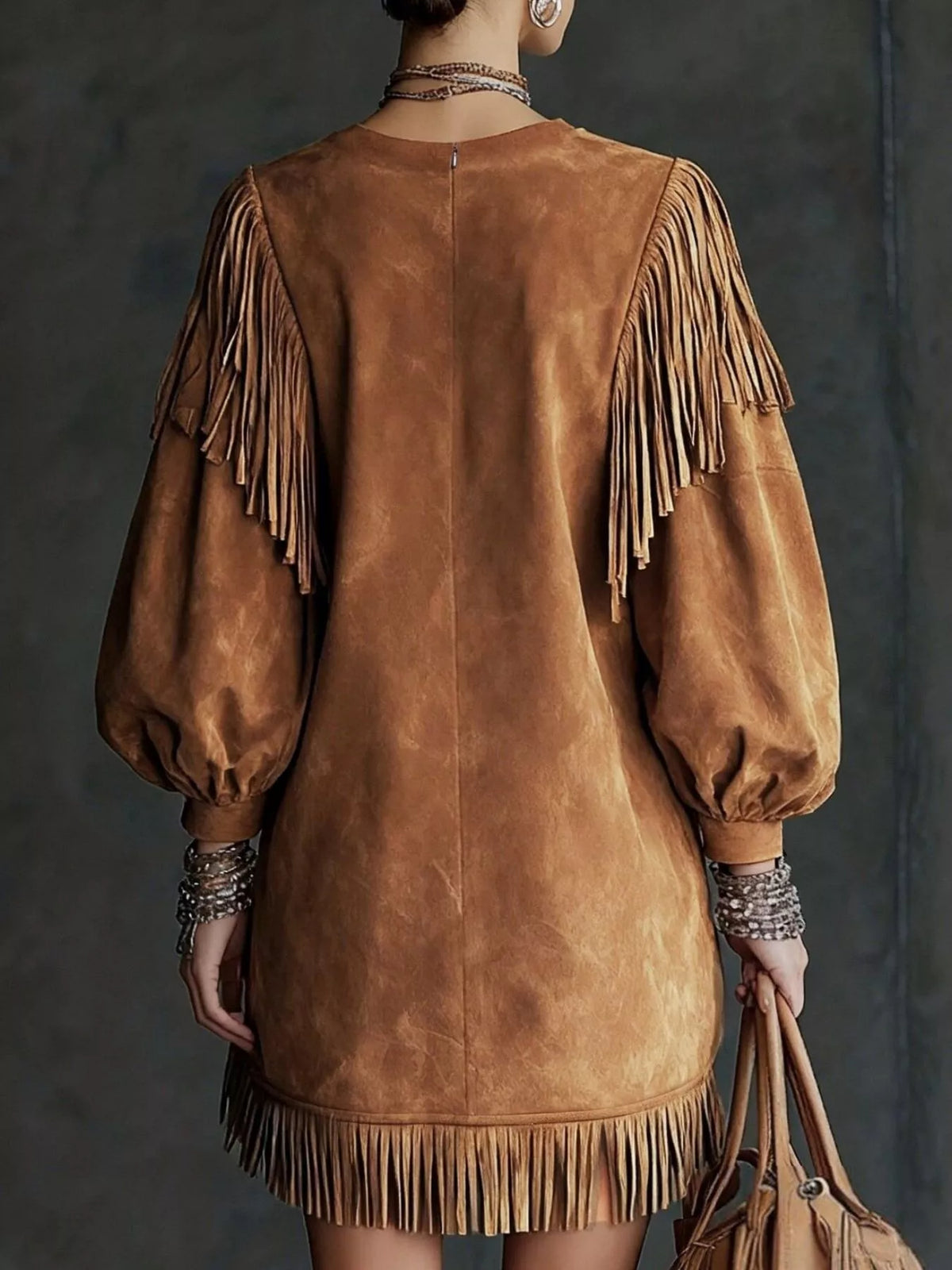 Fringe Detail Lantern Sleeve Mini Dress - Lilixa.store