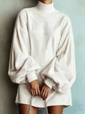 Full Size Ribbed Mock Neck Lantern Sleeve Mini Dress Plus Size - Lilixa.store