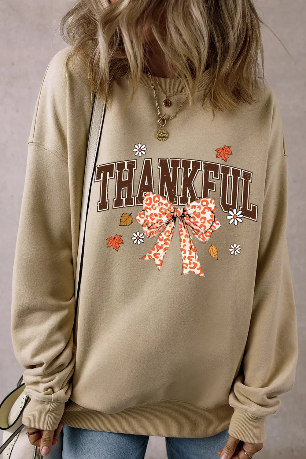 THANKFUL Bow Round Neck Long Sleeve Sweatshirt - Lilixa.store