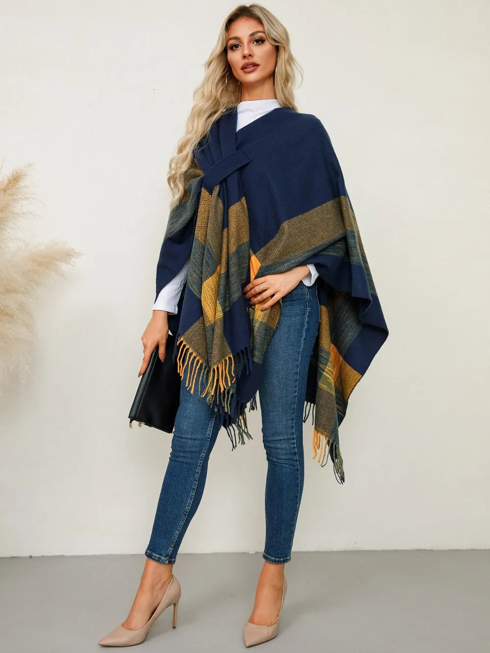Fringe Contrast Plaid Poncho - Lilixa.store