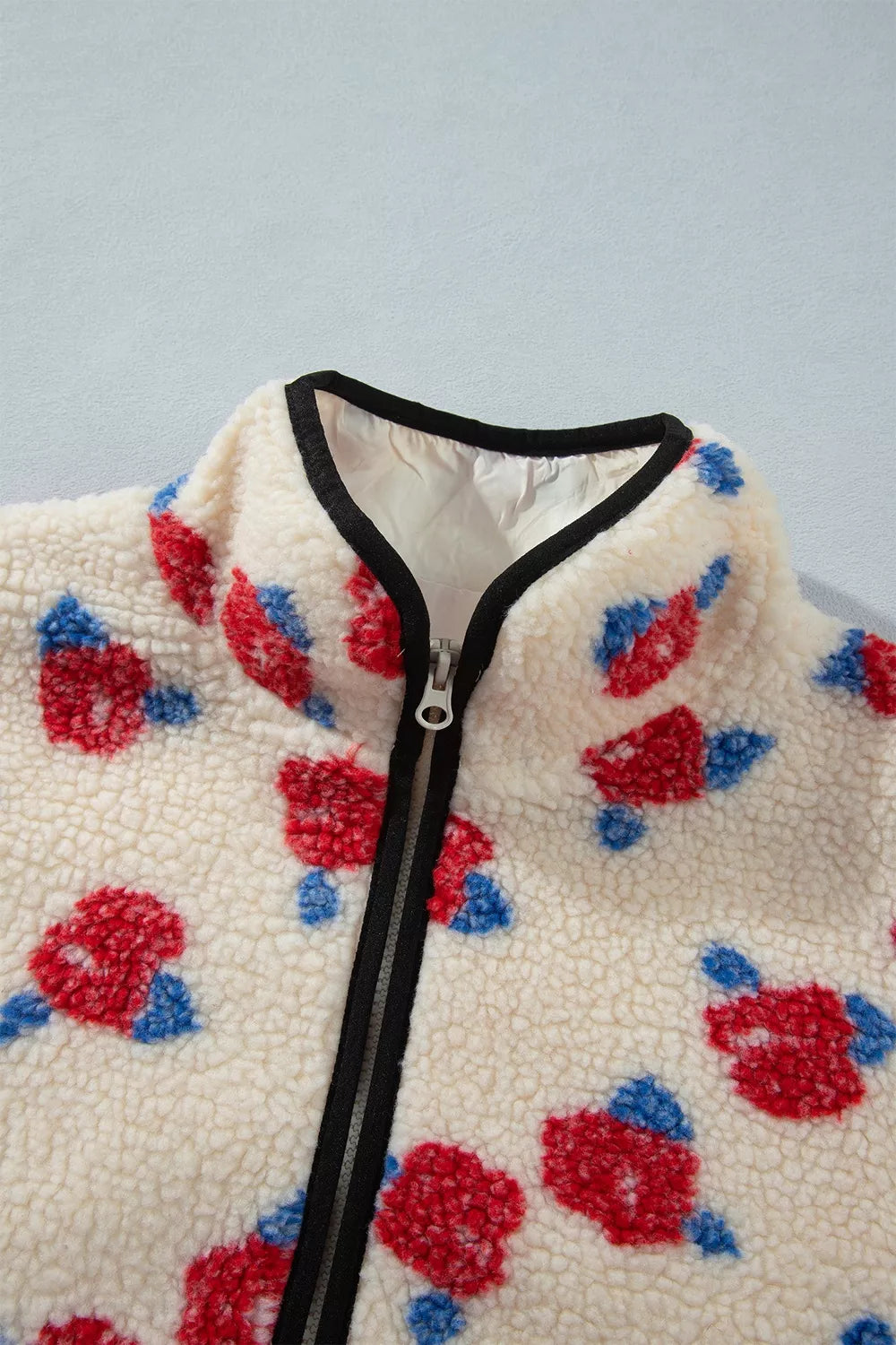 Floral Print Zipper Stand Neck Outerwear Fleece Coat in Scarlet, view 8