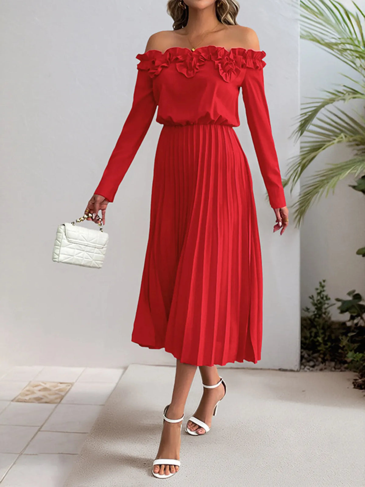 Off-Shoulder Ruffle Pleated Midi Dress - Lilixa.store