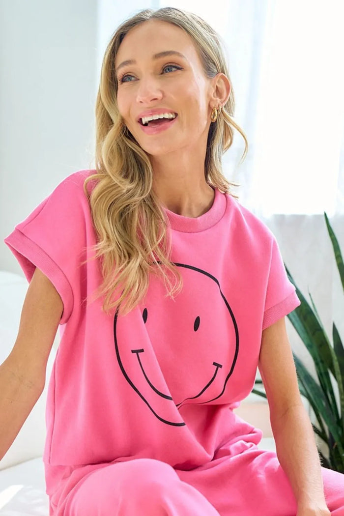 First Love Smile Face Drop Shoulder Brushed Inside T-Shirt - Lilixa.store