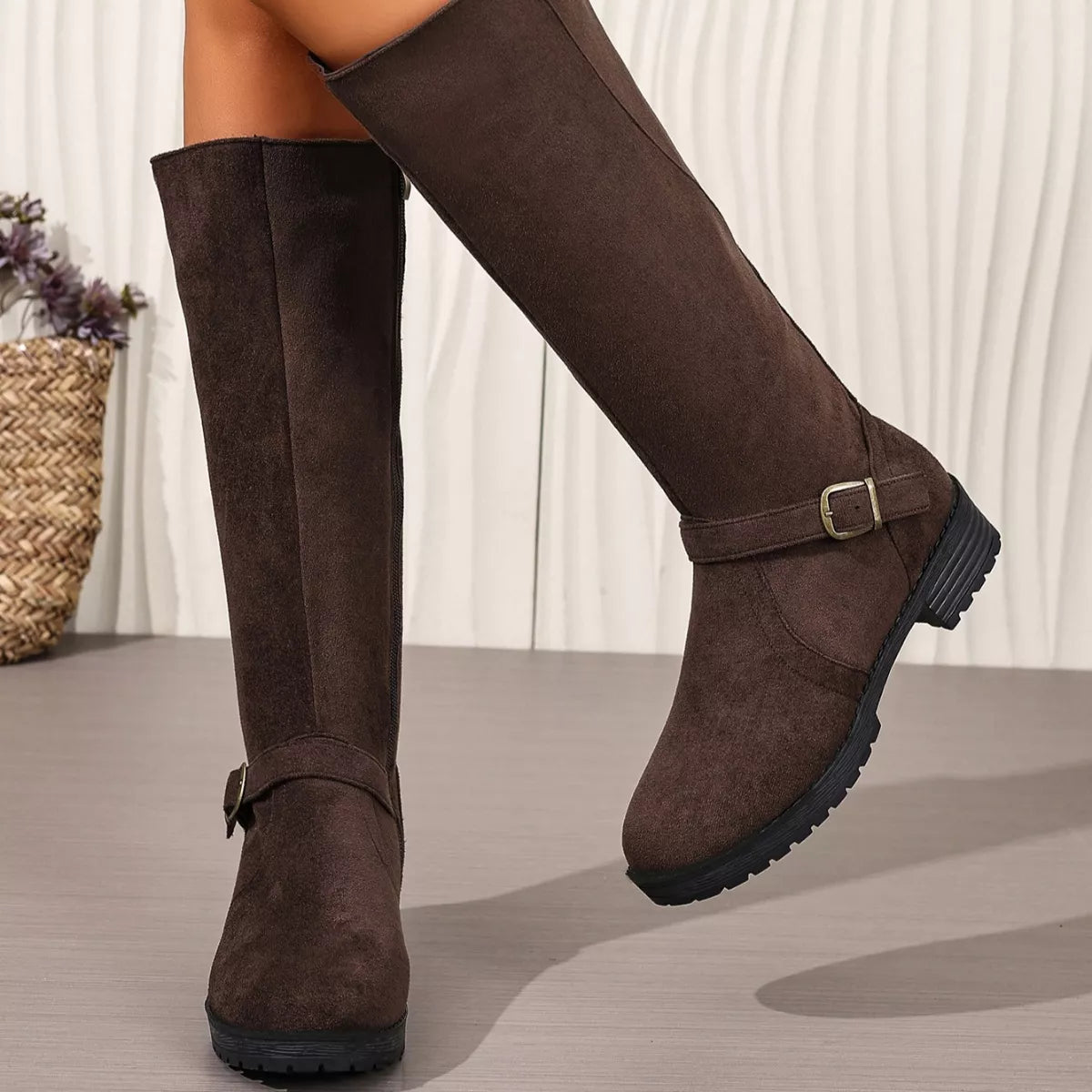 Knee-High Suede Buckle Accent Boots - Lilixa.store
