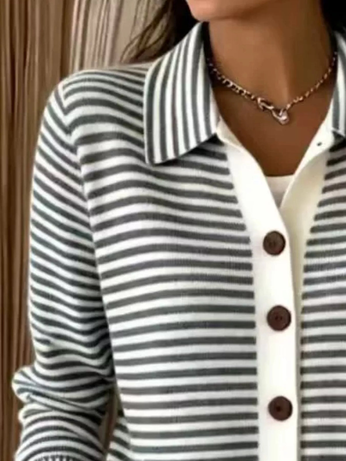 Striped Collared Button-Down Knit Cardigan - Lilixa.store