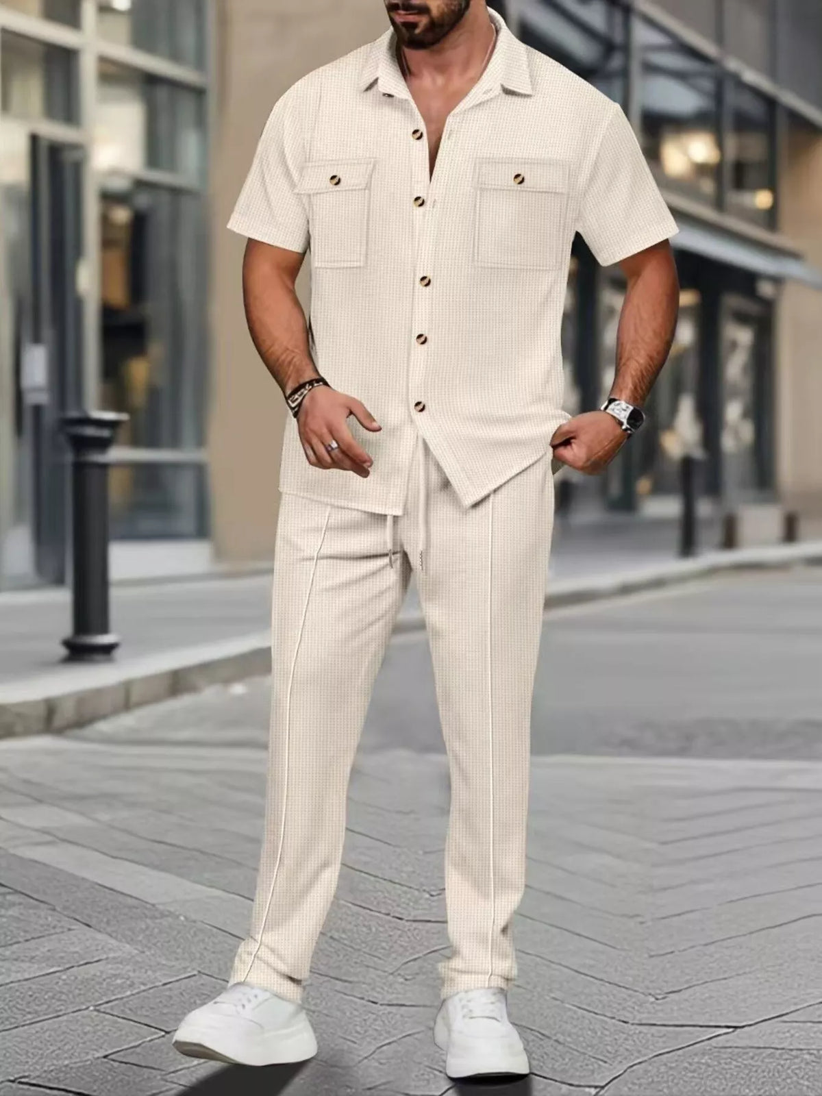 Men's Full Size Casual Short Sleeve Shirt and Pants Set Plus Size in Khaki