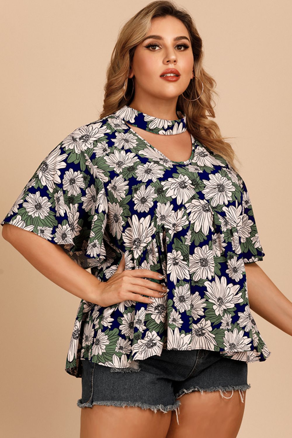 Plus Size Floral Flutter Sleeve Cutout Blouse in Dark Blue, view 4