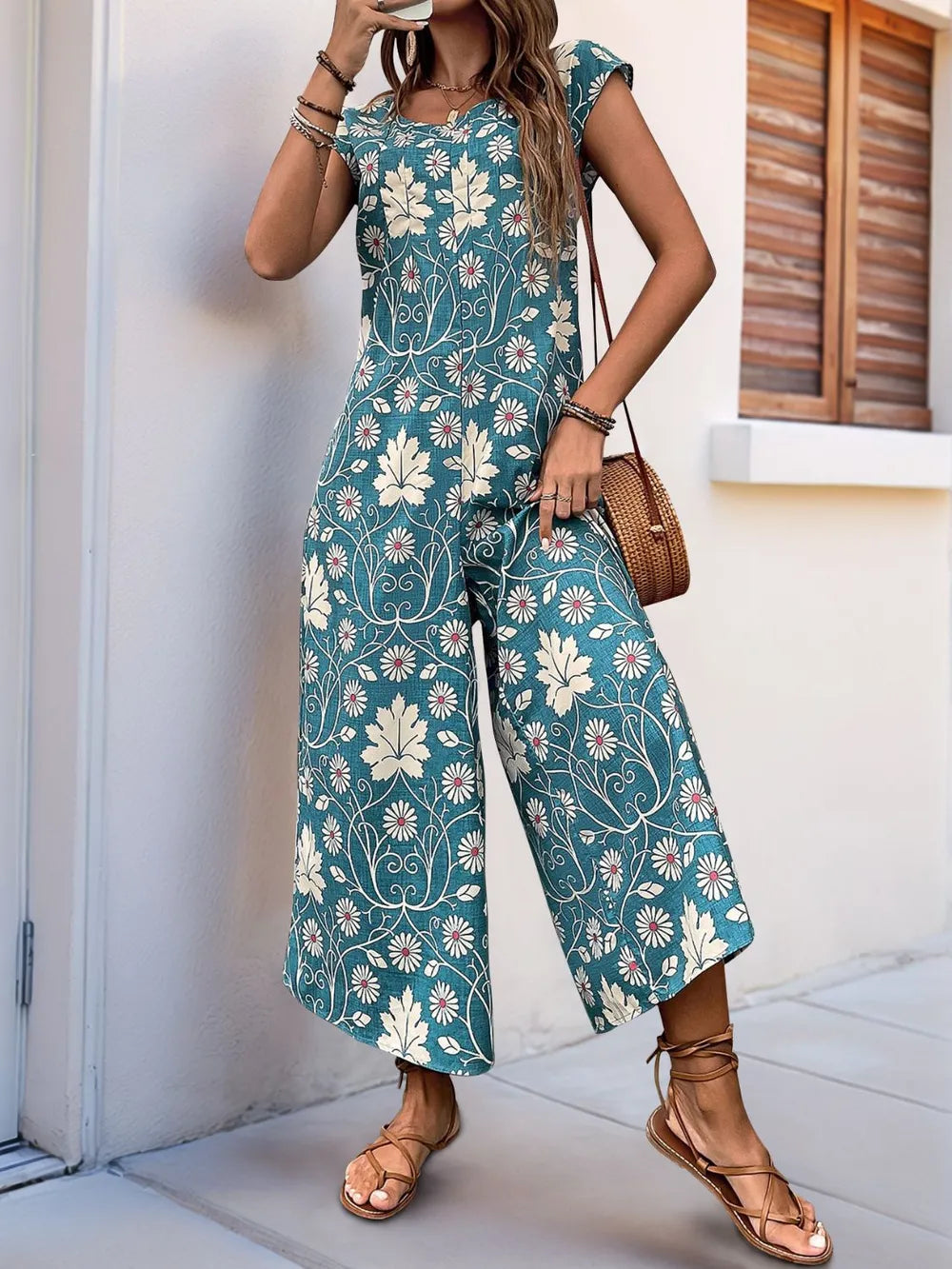 Perfee Printed Round Neck Cap Sleeve Wide Leg Jumpsuit - Lilixa.store