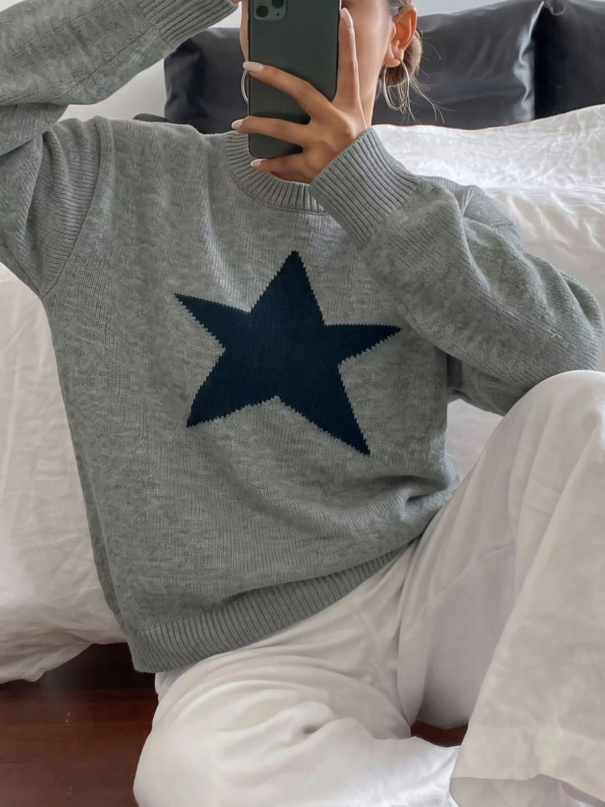 Star-Patterned Dropped Shoulder Sweater in Gray