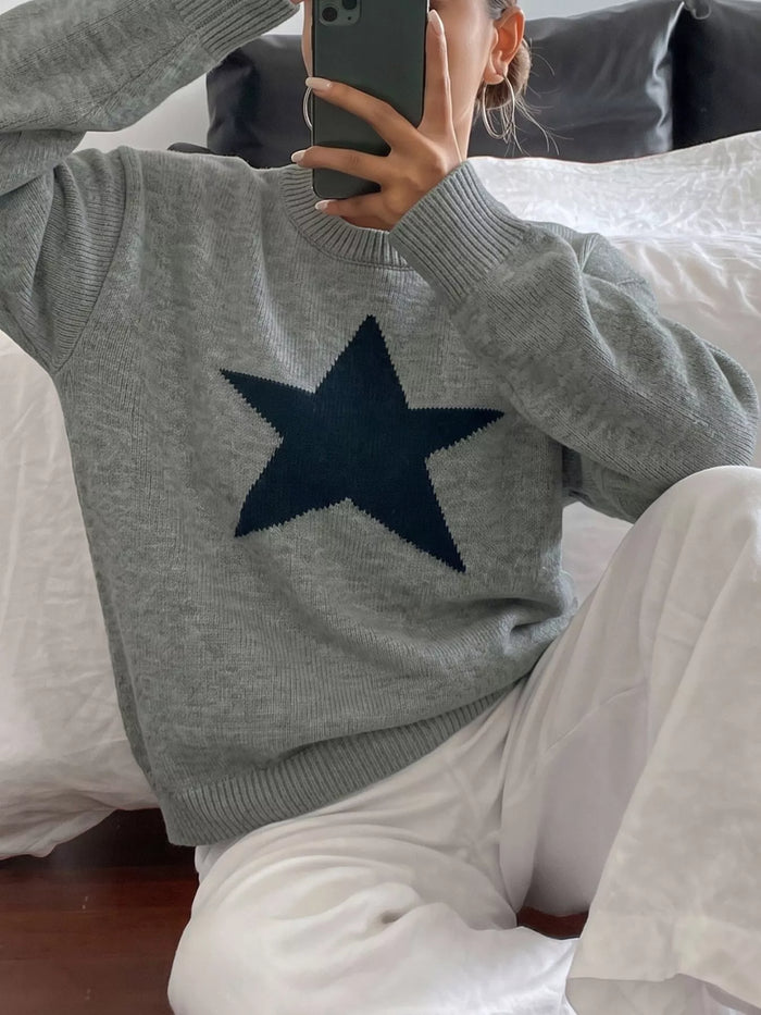 Star-Patterned Dropped Shoulder Sweater in Gray