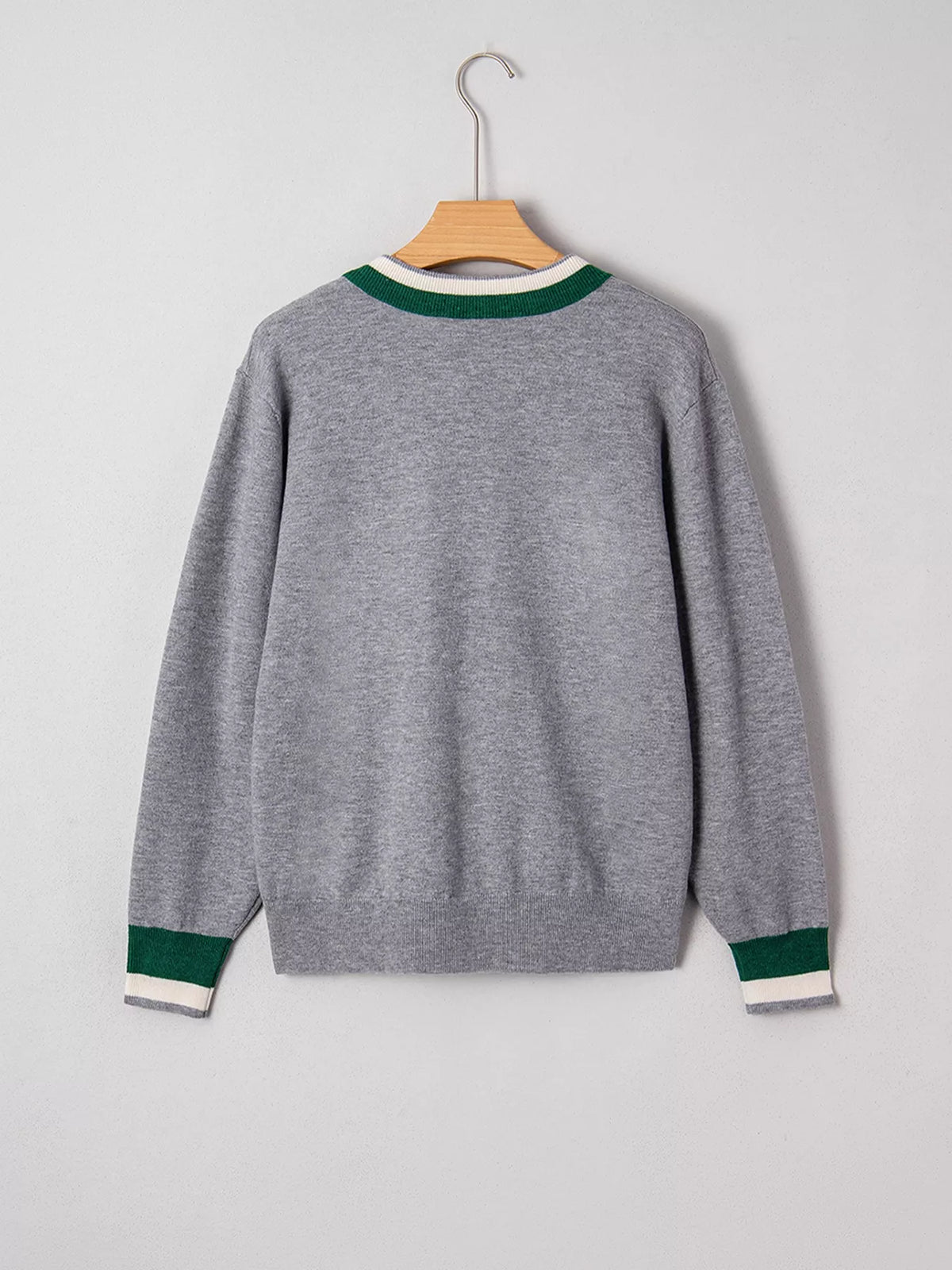 V-Neck Striped Trim Long Sleeve Sweater in Gray, view 7