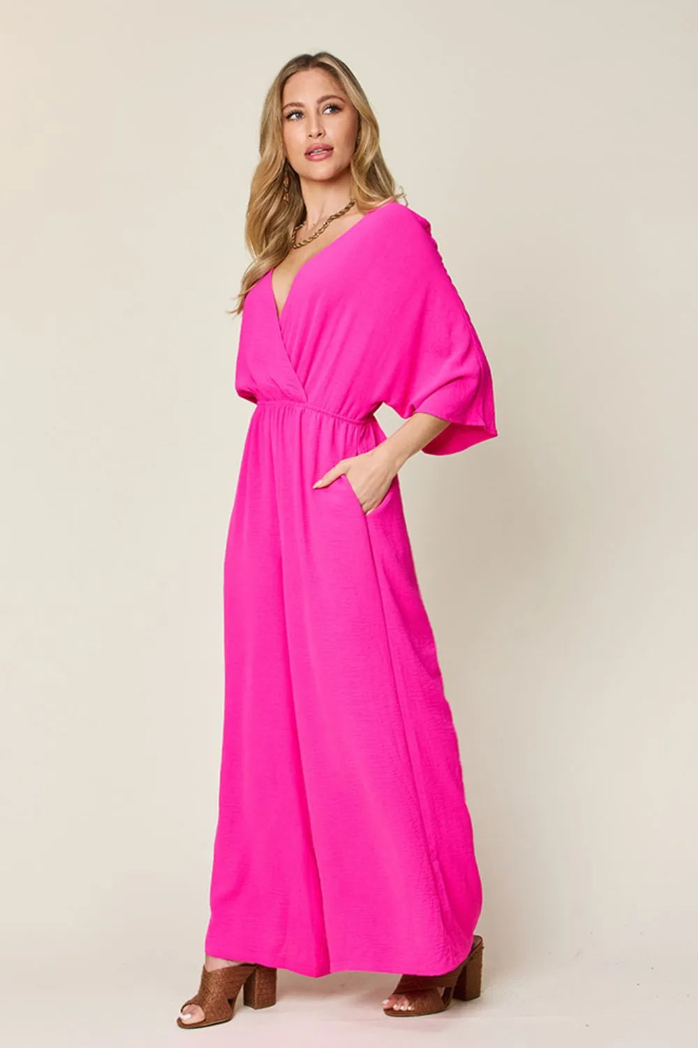 Double Take Full Size Surplice Wide Leg Jumpsuit with Pockets - Lilixa.store