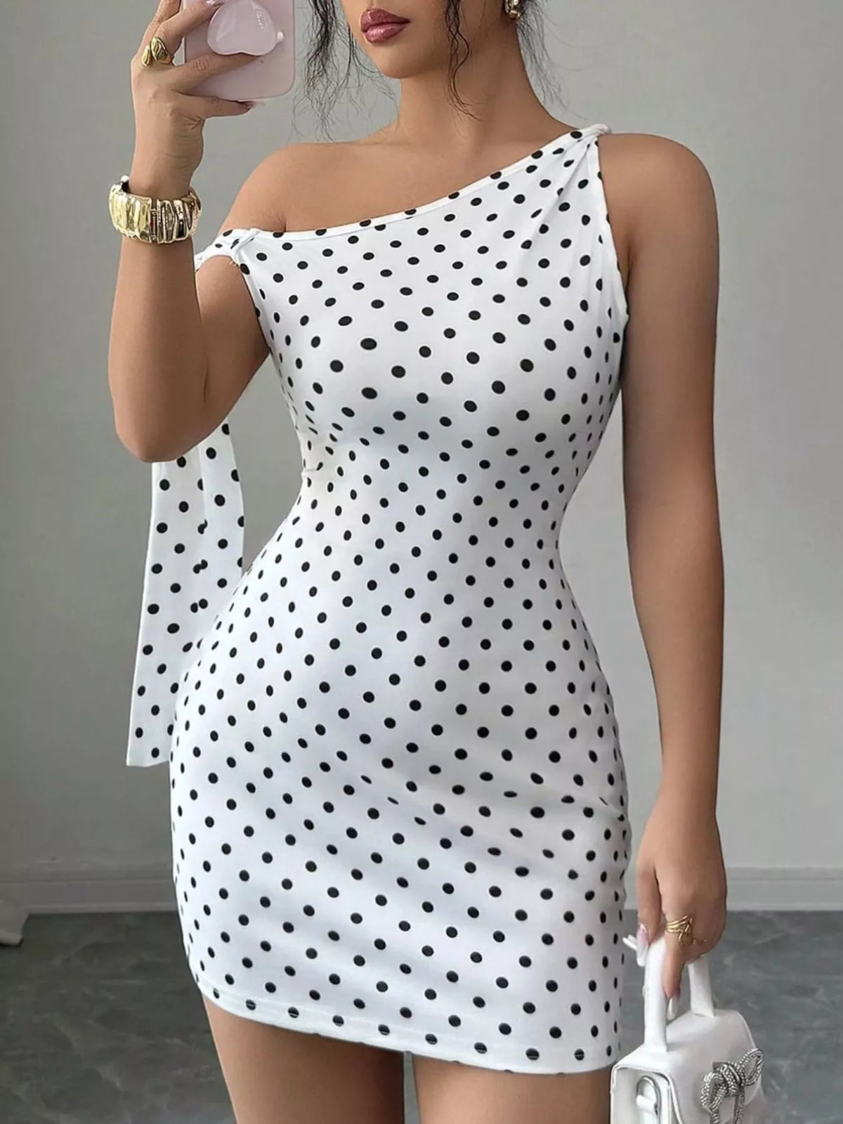 One-Shoulder Polka Dot Bodycon Mini Dress in White, view 2