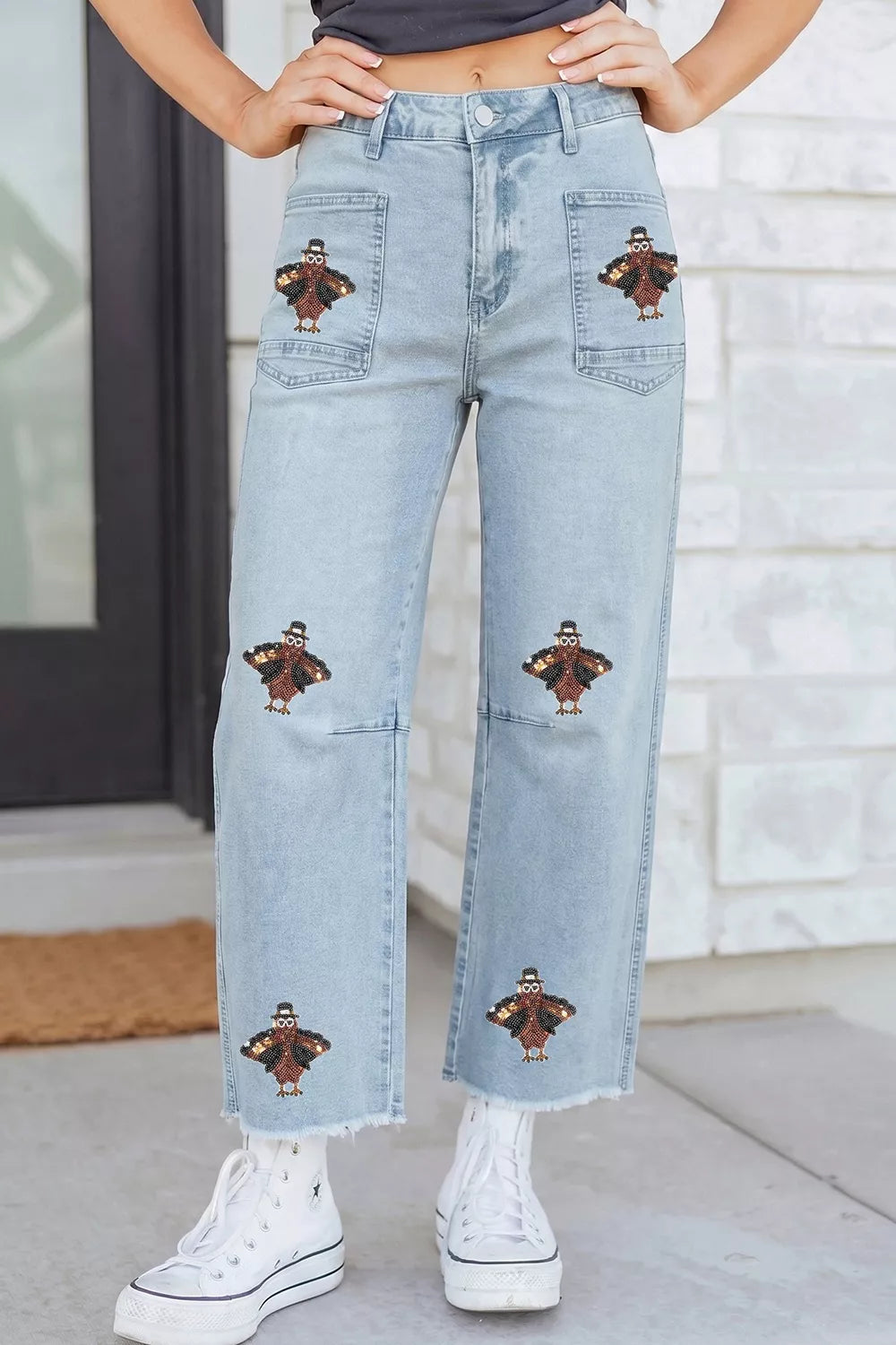 Sequin Turkey Patch Pocket Raw Hem Ankle Length Jeans in Light Blue, view 5